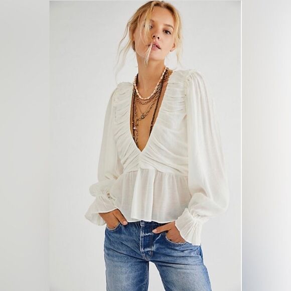 NWT Free People Daia Long Sleeve Vneck Peplum Waist Open x back-Size small